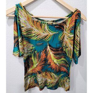 Pronto Womens Open Shoulder Top with Vibrant Teal & Orange Feather Print Size M